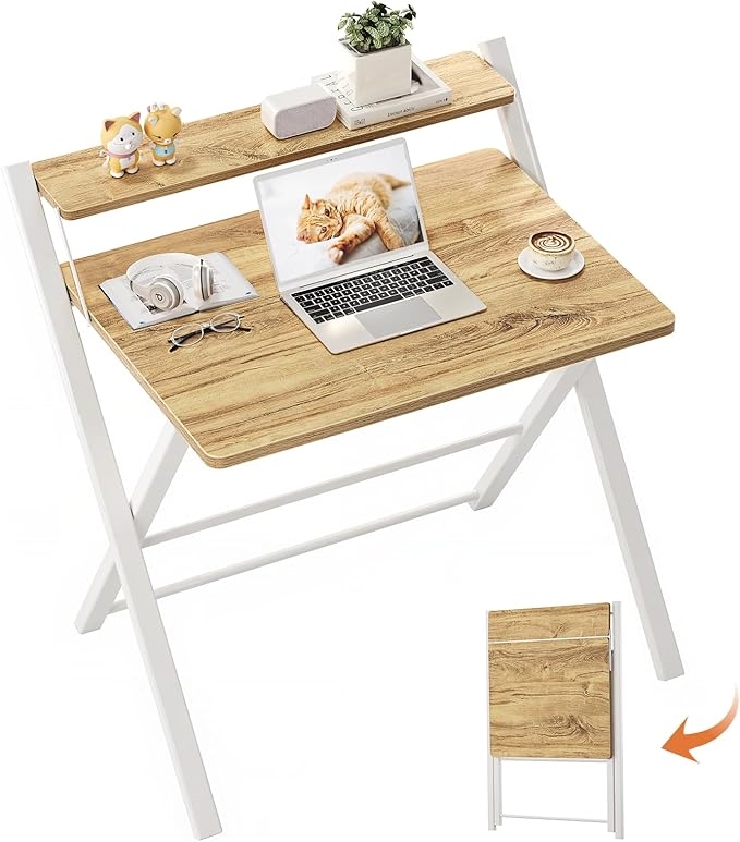 GreenForest No Assembly Folding Desk, 2-Tier Compact Computer Desk with Shelf, 30 inch Space Saving Foldable Table for Home Office, Dorm or Apartment, Portable Collapsible Sturdy Laptop Desk, Oak
