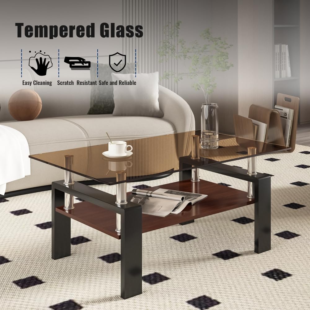 Rectangle Coffee Table, Tempered Glass Tabletop with MDF Layer, Modern Table ...