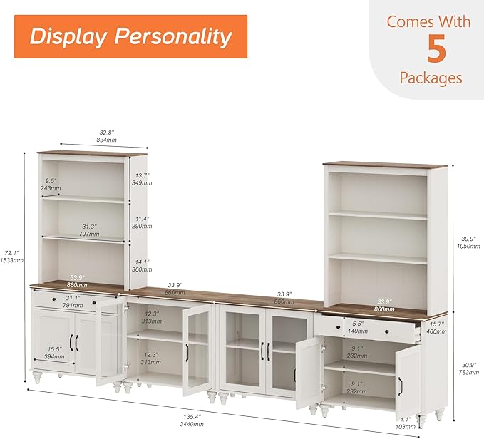WAMPAT Entertainment Center with Bookshelves for TVs up to 75", Farmhouse Wall Unit TV Stand with Glass Doors & Drawer, Media Console TV Table for Living Room, Bedroom & Home Theater, White