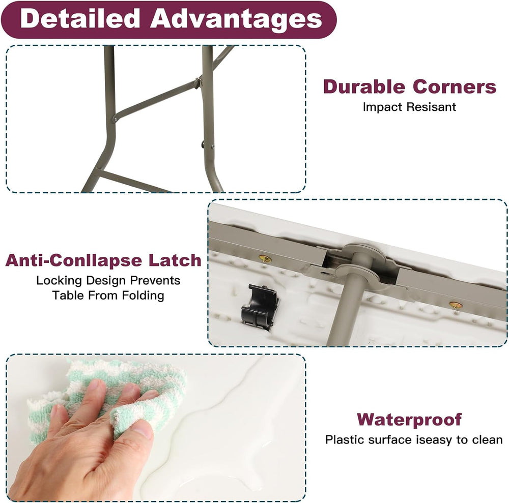 6FT Folding Table, Portable Fold-in-Half Plastic Utility Table with Carrying ...