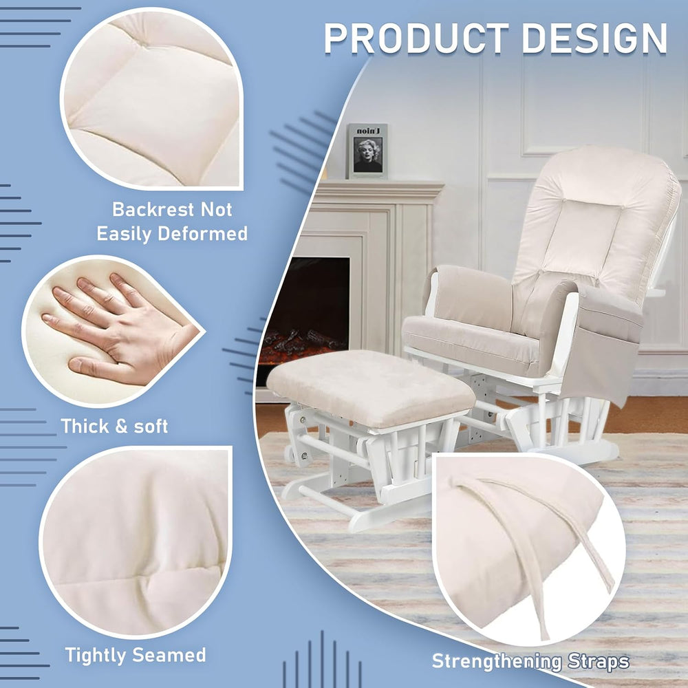 5 PCS Glider Rocker Cushions Set with Ottoman Cover & Storage Pocket - Th...