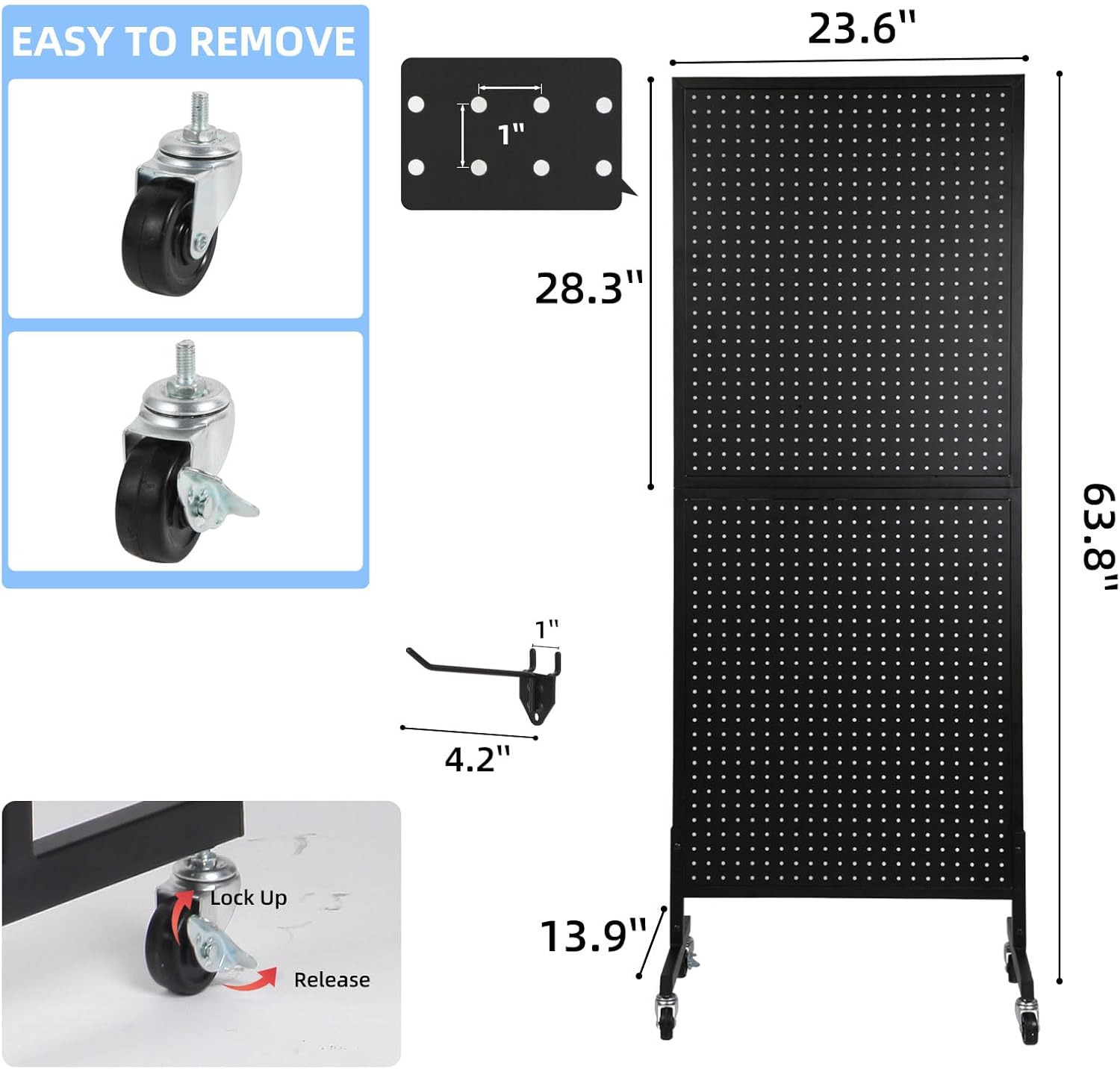 2'x 5' Standing Pegboard Display with T-Base, Pegboard Display Stand with Wheels, Metal Peg Board Display Rack, Art Display Stand, Extra 10 Pieces Hooks - Black