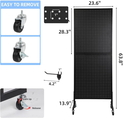 2'x 5' Standing Pegboard Display with T-Base, Pegboard Display Stand with Wheels, Metal Peg Board Display Rack, Art Display Stand, Extra 10 Pieces Hooks - Black