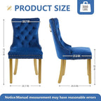 Velvet Dining Chairs Set of 2, Modern Tufted Dining Room Chair, Upholstered Dining Chairs with Lion Head Pulls Ring and Golden Solid Wood Legs, Luxury Kitchen Chairs for Dining Room, Blue