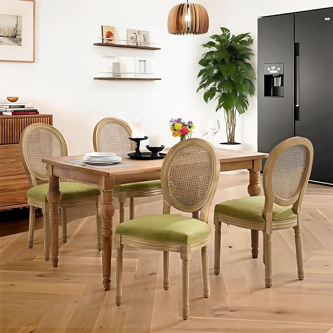 French Country Dining Chairs Set of 4,Farmhouse Upholstered Dining Room Chairs with Round Back and Solid Leg,Rattan Kitchen Chairs for Kitchen/Bedroom/Dining Room,Green