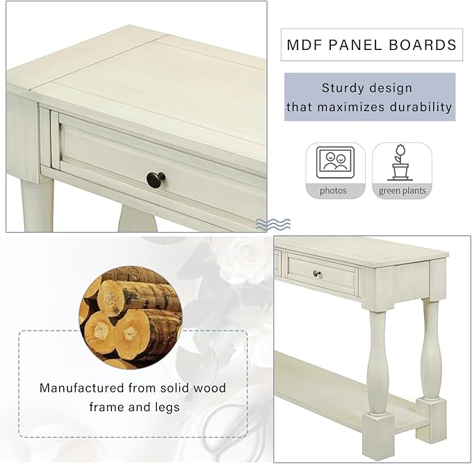 Merax 64" Classic Wood Console Table with Drawers and Bottom Shelf for Entryway Hallway Living Room (Antique White)