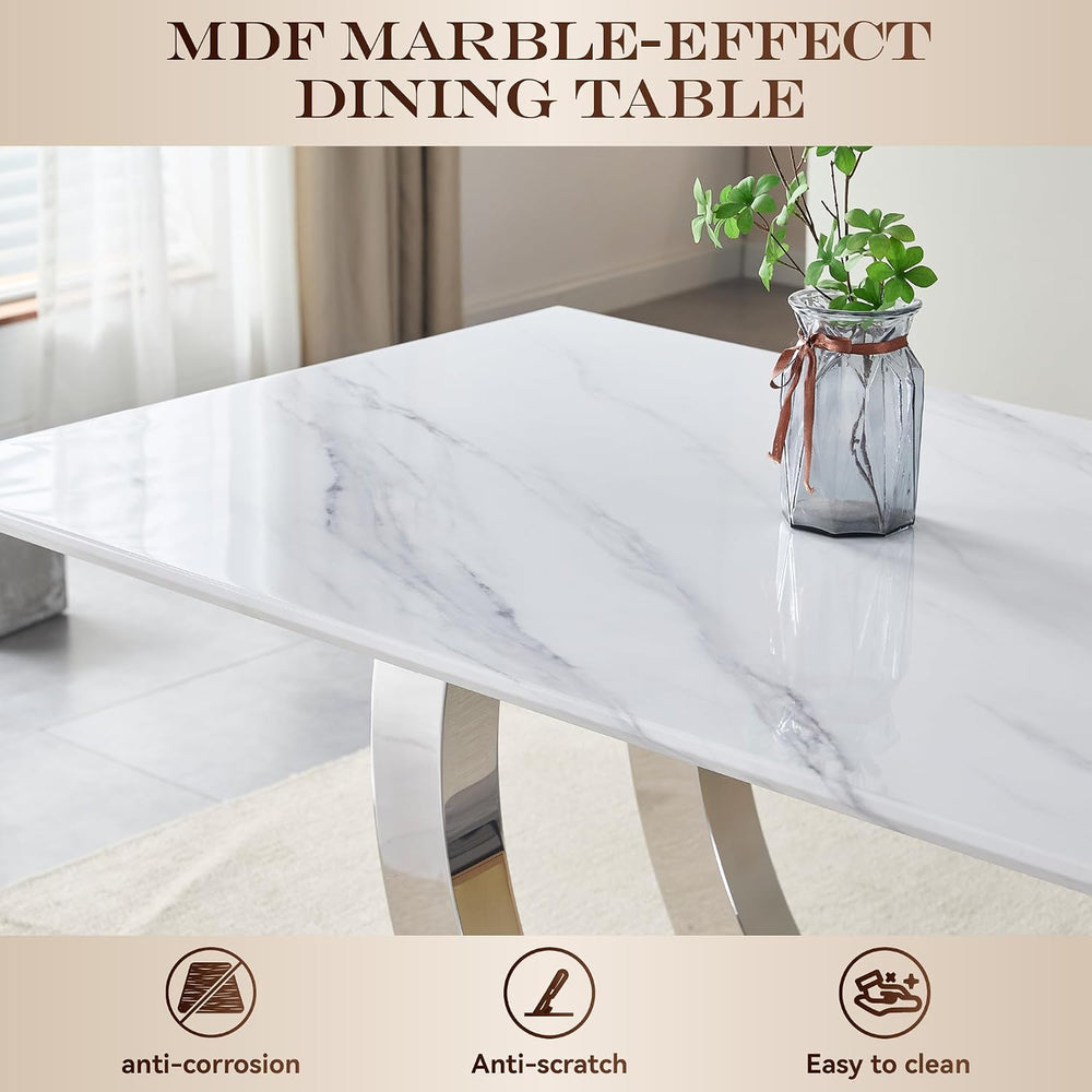 SSLine Modern White Marble Dining Table for 6,Luxury 69" Faux Marble Kit...