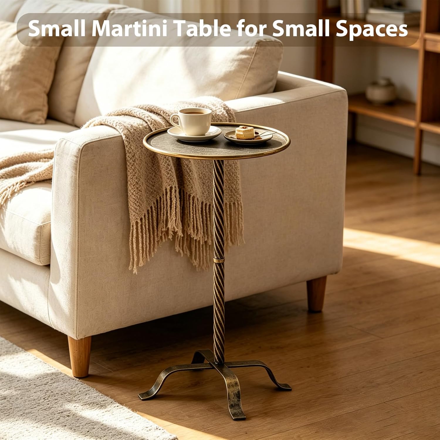 Metal Martini Table, Modern Antique Gold Side Table with 4 Legs, 27.75" Small Round Drink Table for Small Spaces Living Room Sofa Couch Patio
