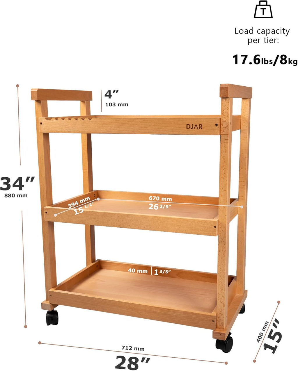 DJAR Rolling Art Supplies Cart, Solid Beech Wood Art Supply Organizert with Caster Wheels, Utility Cart for Adults, Artists, (Natural, Upgrade)