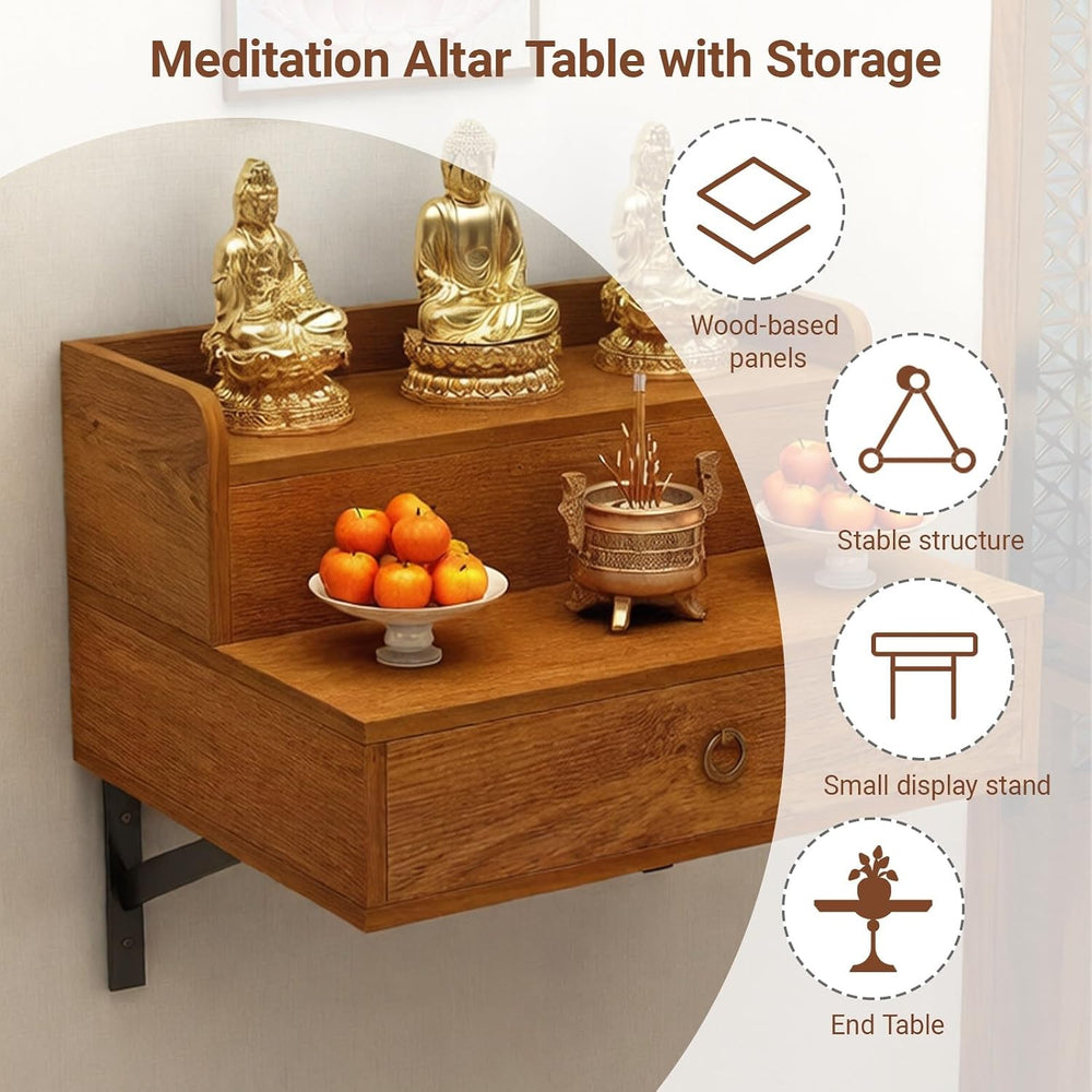 Solid Wood Wall Mounted Altar Table with Pull-Out Drawer for Incense & Me...