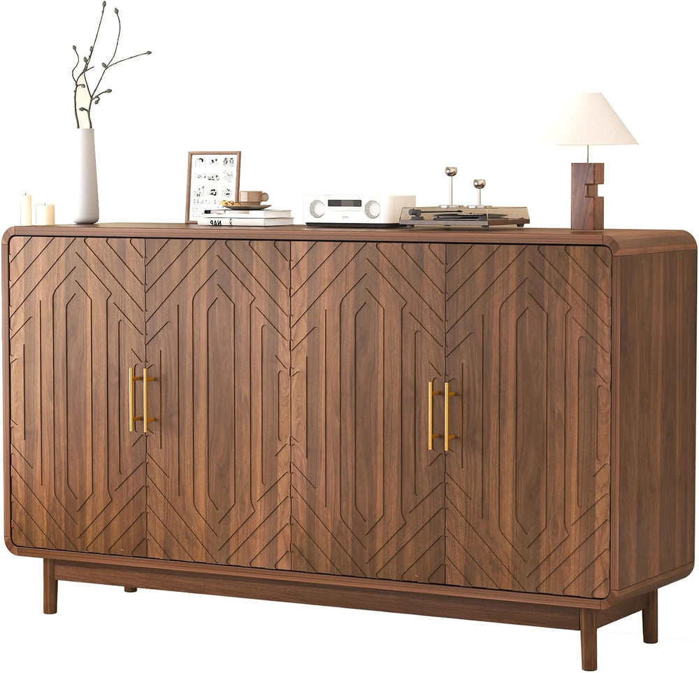 Modern Sideboard Buffet Cabinet with Storage, Carved 4-Door Accent Cabinet wi...
