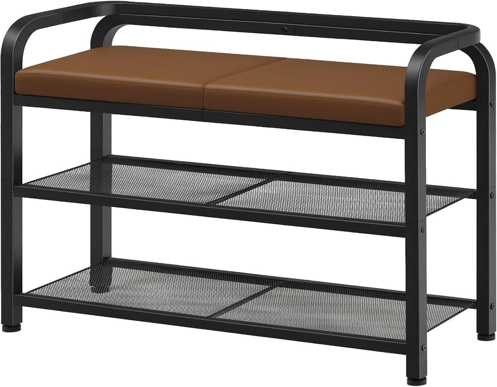 YATINEY Shoe Bench with Backrest, Entryway Bench, 2-Tier Shoe Rack with PU Pa...