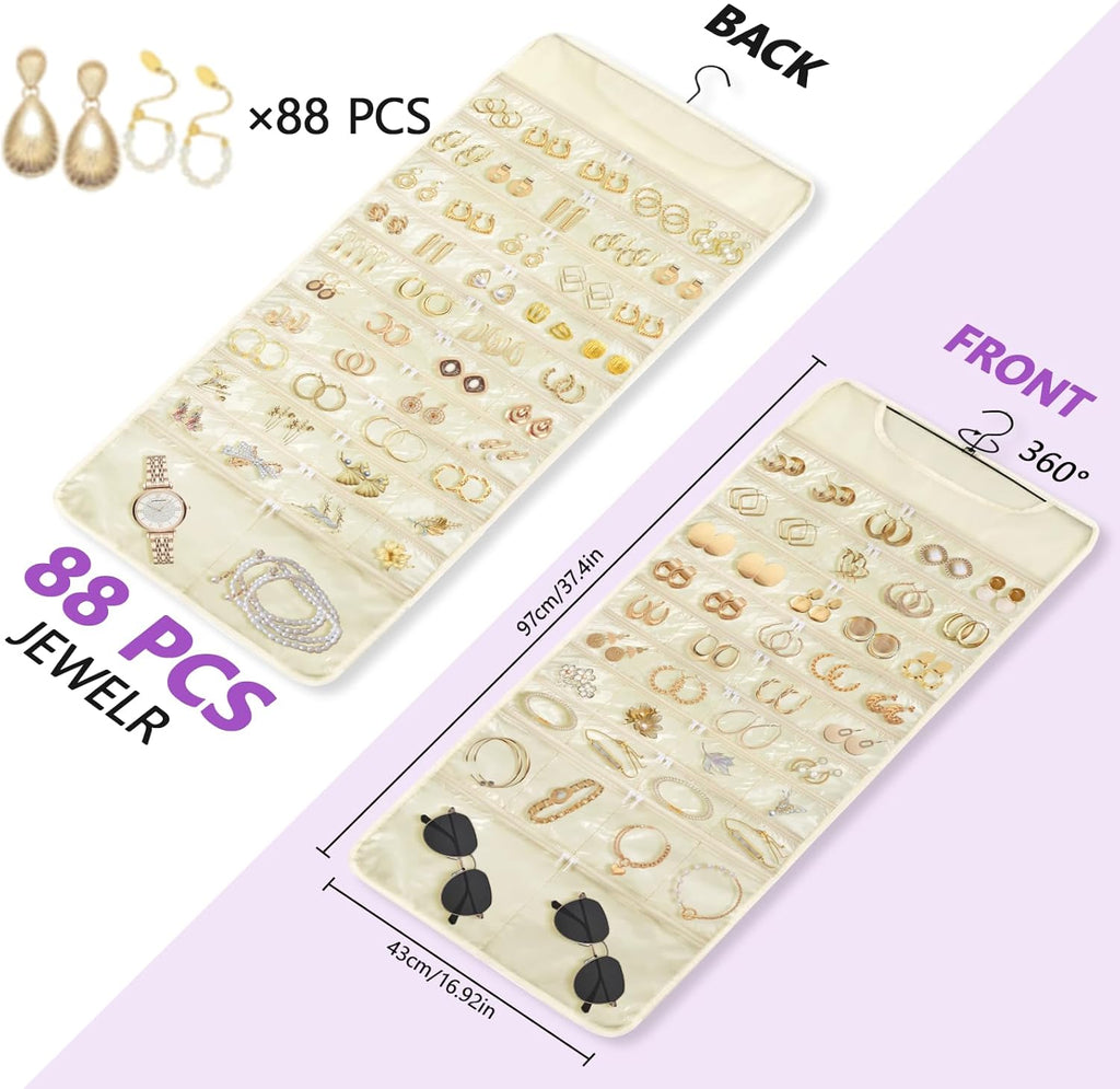 FOREGOER Hanging Jewelry Organizer with 88 Zippered Pockets, Dustproof Foldable for Travel, Accessories Organizer for Holding Jewelries Earring Organizers and Storage (Beige)