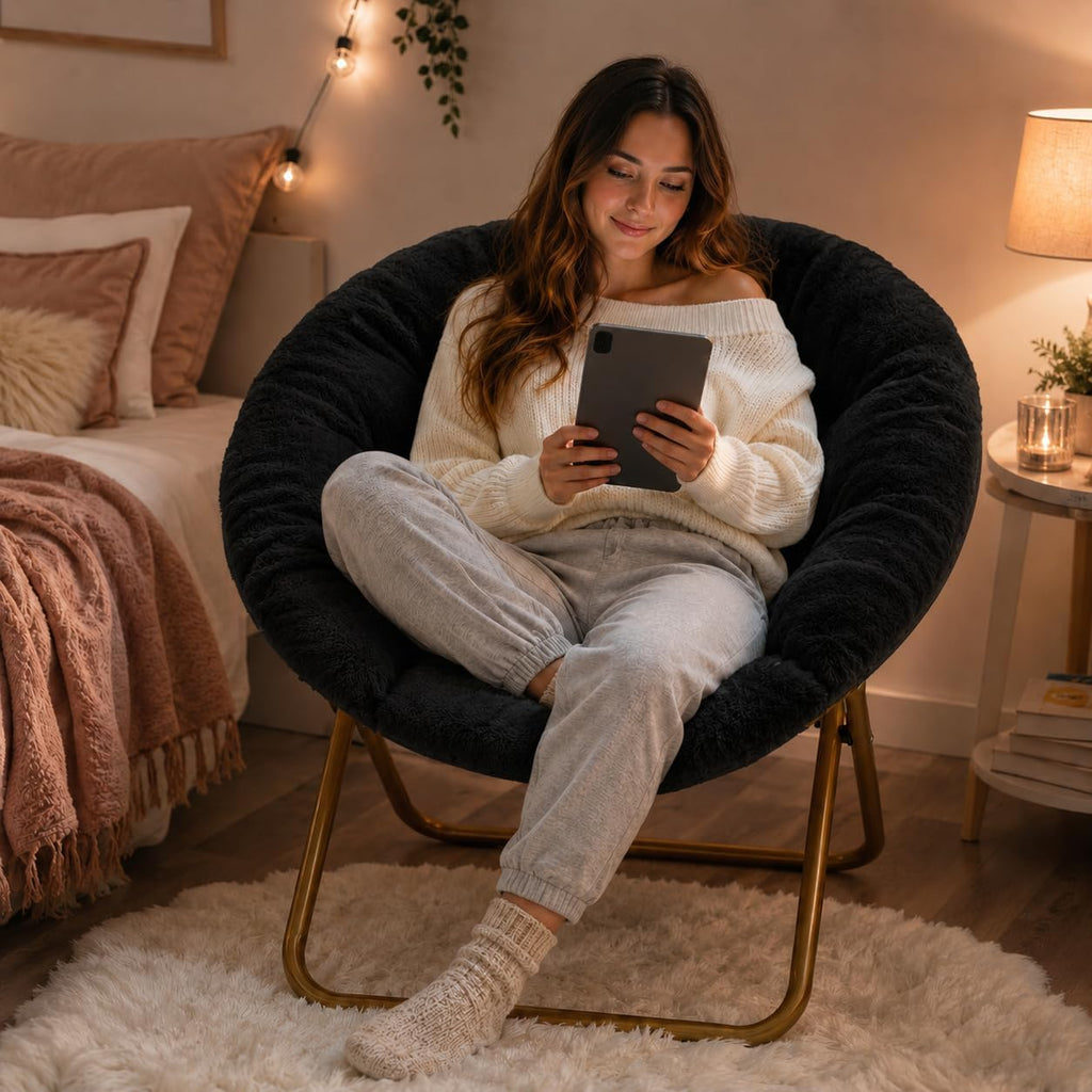 HealSmart Saucer Chair, Comfy Faux Fur Chair for Bedroom, Saucer Chairs for Adults, Teens, Round Shaped Moon Chair with Foldable Metal Frame, Black