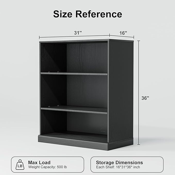 36" Wooden Book Shelf, 2 Shelf Bookcase, Modern Bookshelf with Adjustable Shelf for Home Office, Study Room, Black