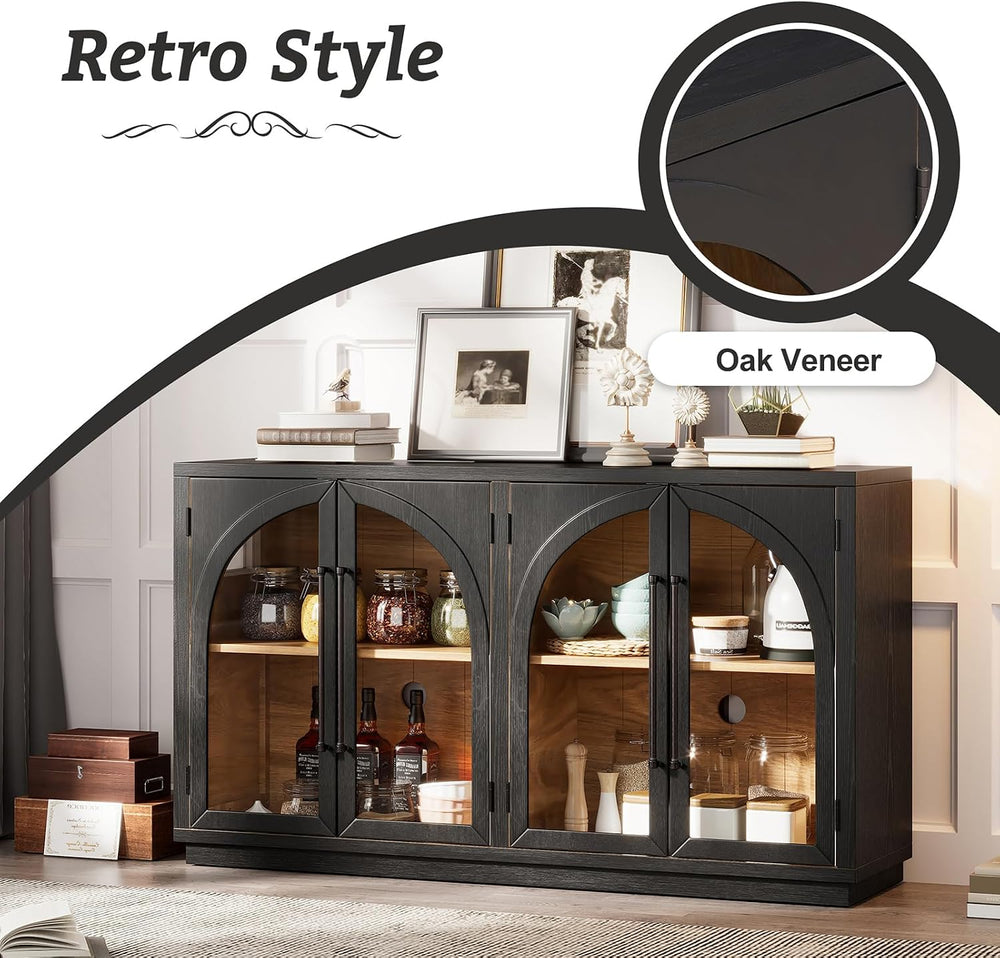 Large Arched Kitchen Sideboard, Wooden Storage Cabinet with Glass Doors with ...