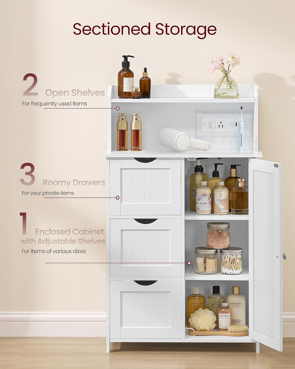 VASAGLE Tall Storage Cabinet with Power Strip, with 3 Drawers, 39.4" H