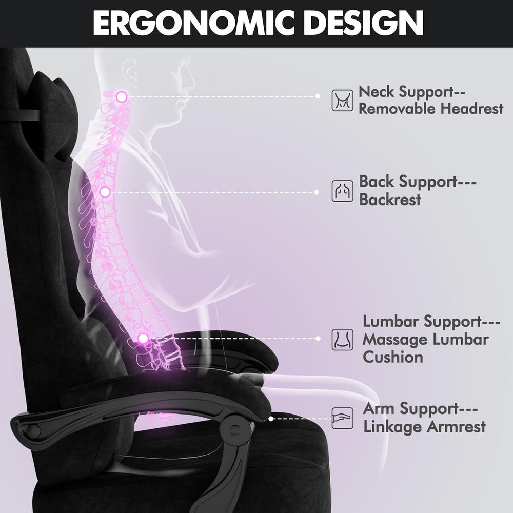 Soontrans Black Velvet Fabric Gaming Chairs with Footrest, Ergonomic Comforta...