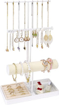 Cirhy Jewlery Holder Necklace Stand, Adjustable Necklace Holder with Velvet Ring Tray, Jewelry Display Rack for Hanging Necklaces, Bracelets, and Earrings, Gifts for Her (White)