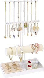 Cirhy Jewlery Holder Necklace Stand, Adjustable Necklace Holder with Velvet Ring Tray, Jewelry Display Rack for Hanging Necklaces, Bracelets, and Earrings, Gifts for Her (White)