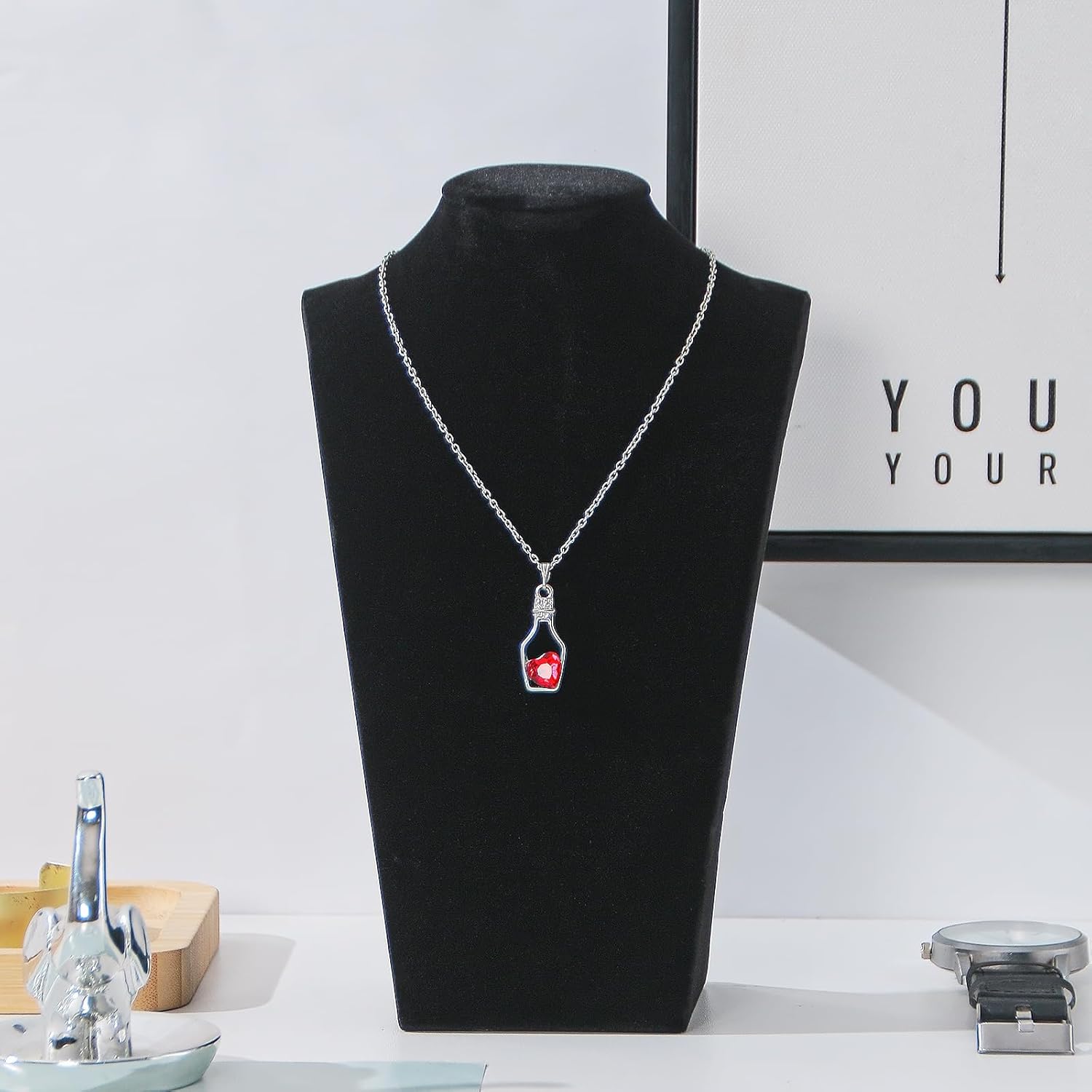 Necklace Bust Display Stand, Black Velvet Necklace Display Holder, Jewelry Necklace Organizer Rack for Home Use or Shop Show (9" Height)