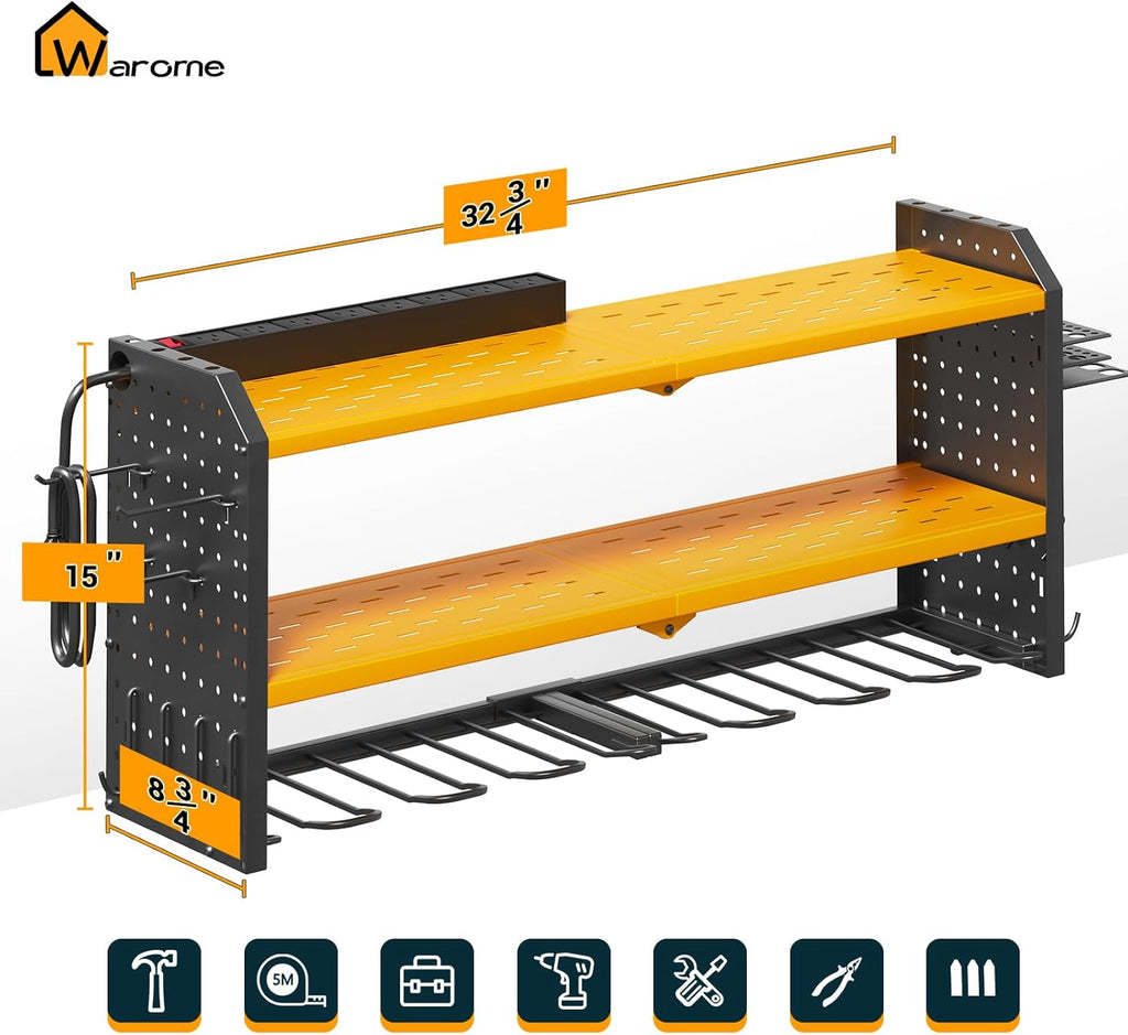 Warome Garage Power Tool Organizer with 8-Outlet Power Strip, Tool Storage Rack Wall Mount with 8 Cordless Drill Holders, Tool Organization Shelf with Charging Station in Yellow