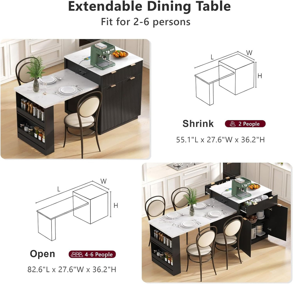 82.6" Fluted Kitchen Island with Extendable Dining Table for 4-6 | Large Island Table for Kitchen with Power Outlet, Double-Side Storage, 2 Drawers, 2 Side Open Shelves for Dining Room