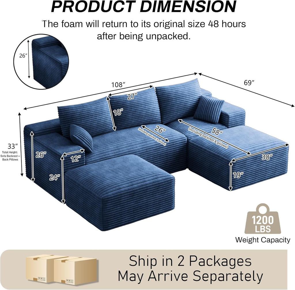 Modular Sectional Sofa Cloud Couch, 108'' Comfy U Shaped Sectional Couches for Living Room, Deep Seat Cozy Fluffy Corduroy Boneless Couch Sectionals Sofa with Movable Ottomanm, Blue