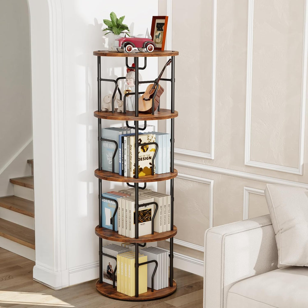 4 Tier Rotating Bookshelf Tower, 360° Display Round Bookcase, Floor Standing Corner Revolving Bookshelf Organizer Storage Rack for Small Spaces, Home Study Office, Black&Brown