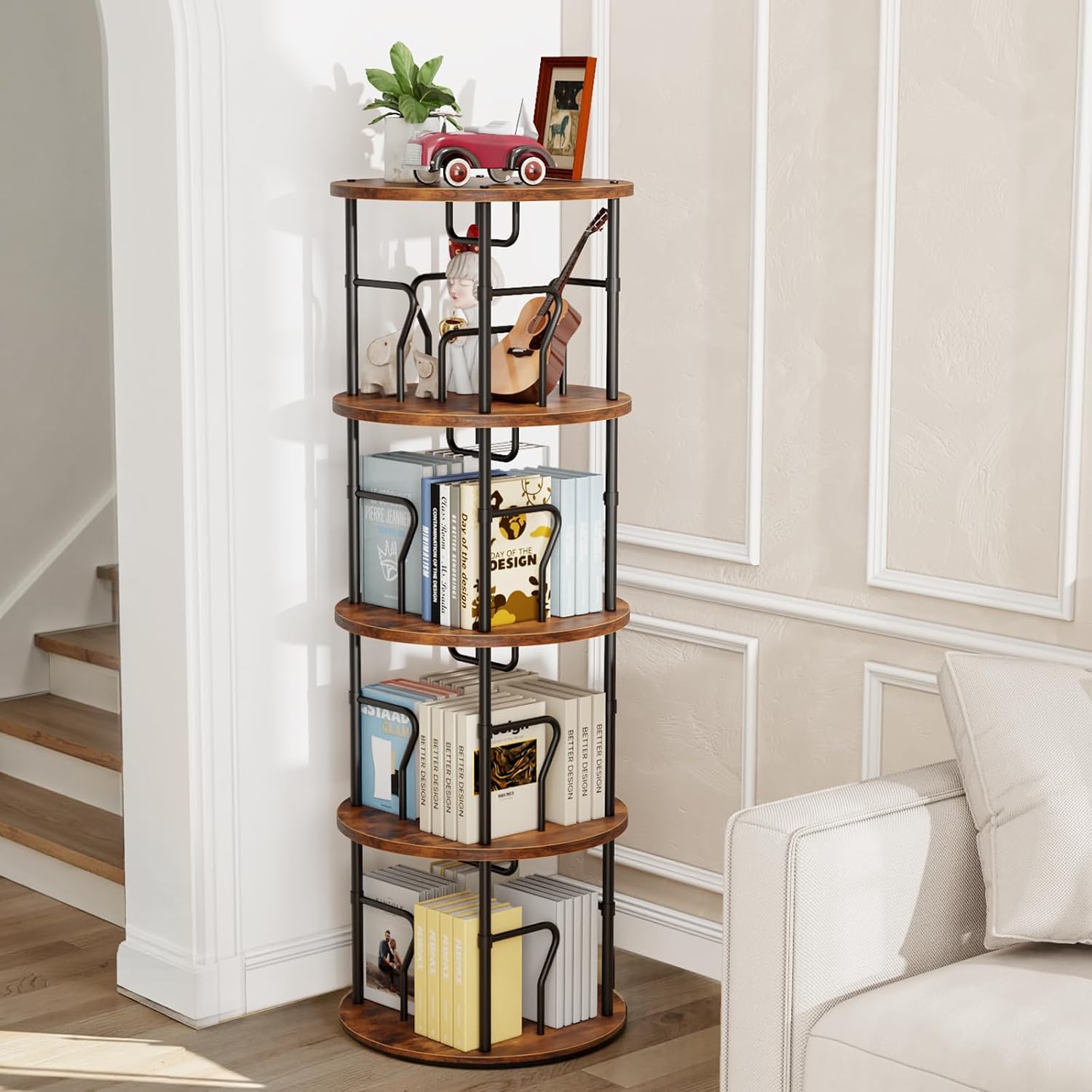 4 Tier Rotating Bookshelf Tower, 360° Display Round Bookcase, Floor Standing Corner Revolving Bookshelf Organizer Storage Rack for Small Spaces, Home Study Office, Black&Brown