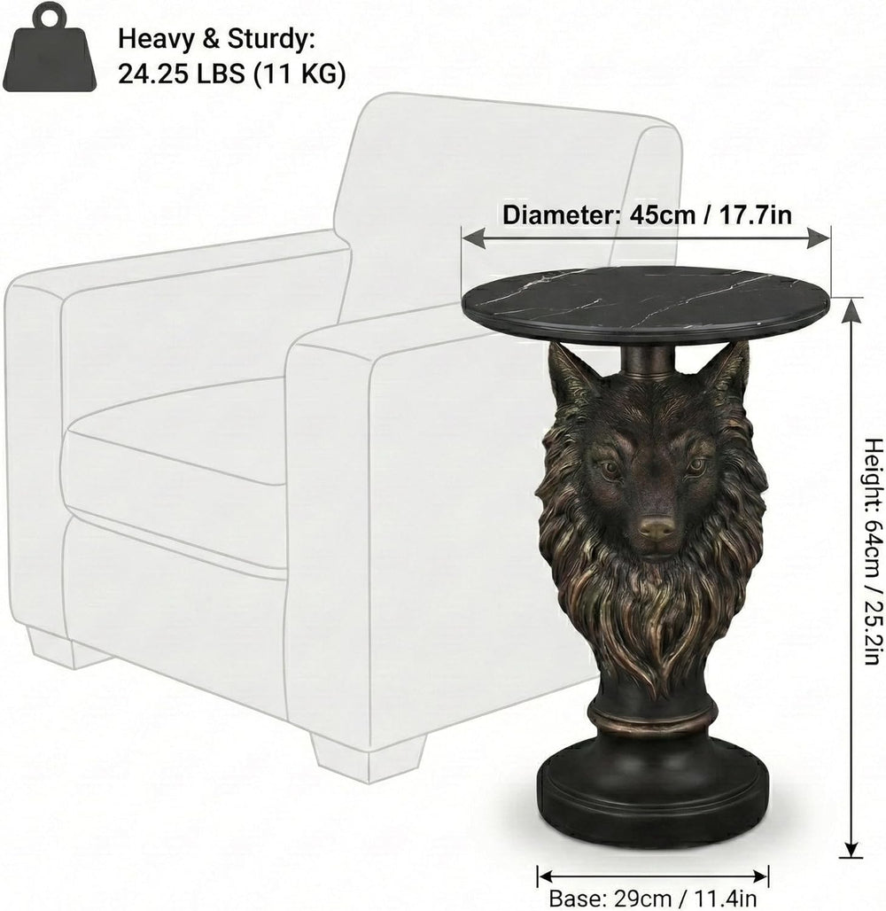 Wolf Head Side Table, Round End Table with 17.72" Black Faux Marble Top,...