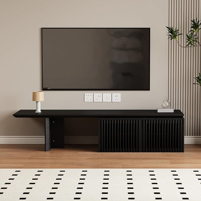 XEW Extendable TV Stand with Storage and Shelves, Wood Entertainment Center for 55+ Inch TV, Modern TV Console, Minimalist Media Console for Living Room, Bedroom-Black (Extendable: 78.7"-110")