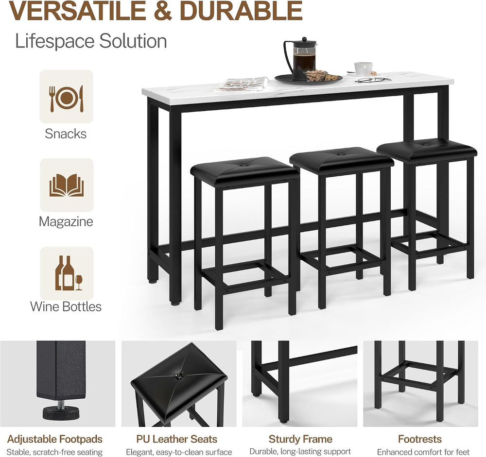 Bar Table Set for 3, 60.2” Faux Marble Behind Couch Table Set, Modern Sofa Ta...
