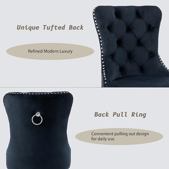 KCC Velvet Dining Chairs Set of 2, Upholstered High-end Tufted Dining Room Chair with Nailhead Back Ring Pull Trim Stainless Steel Legs, Contemporary Nikki Collection Modern Style for Kitchen, Black