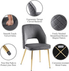 NORDICANA Modern Dining Chair Set of 2, Grey Velvet Fabric Upholstered Accent Chairs with Golden Metal Legs, Round Back Side Chairs for Kitchen Living Room Bedroom
