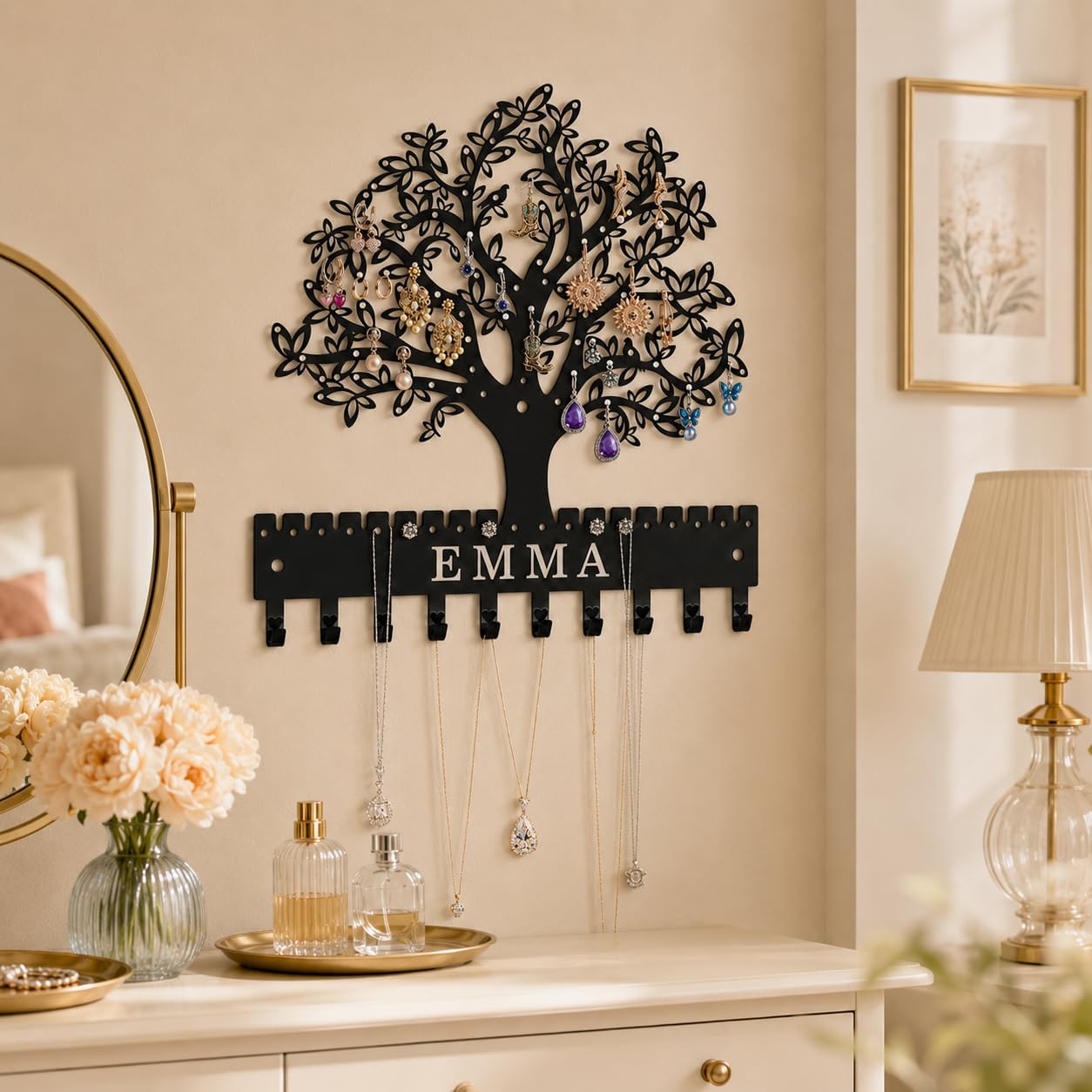 Jewelry Organizer Earring Holder Tree of Life Wall Mounted or Hanging Necklace and Bracelet Holder Metal Jewelry Display with Hooks for Studs Mother’s Day Gift for Women Mom Wife Daughter (Style2)