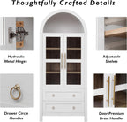 71" Tall Arched Kitchen Pantry Cabinet with 2 Large Drawers, Modern Farmhouse Kitchen Storage Cabinets with Adjustable Shelves, Glass Door, Wood Versatile Cupboard for Kitchens, Dining Room, White