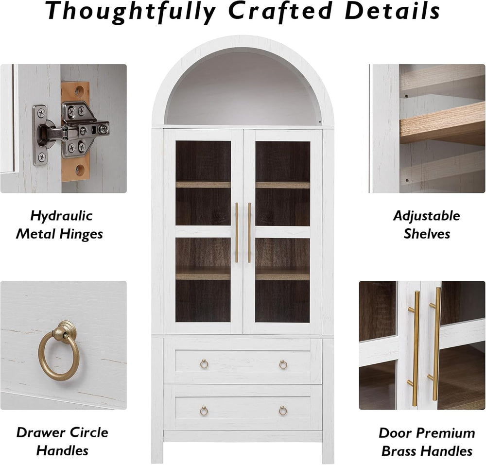 Merax 71" Tall Arched Farmhouse Pantry Cabinet with Glass Doors & 2 ...