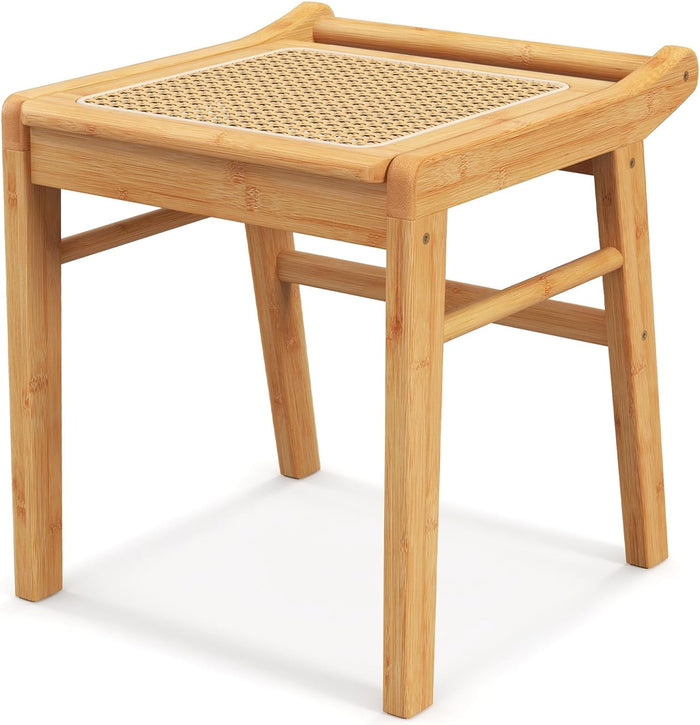 CHARMAID Vanity Stool, Bamboo Ottoman Foot Rest with Rattan Seat, Anti-Slip Foot Pads, Makeup Vanity Chair Bench for Bedroom Living Room Entryway, Capacity 265lbs, 15" x 16" x 17"