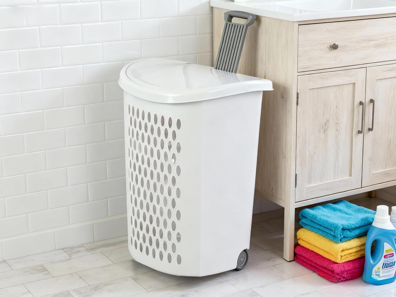 Large Capacity Laundry Basket with Wheels and Telescopic Handle - Ventilation Holes for Freshness - Portable Laundry Hamper for Apartments Dorm Rooms - White