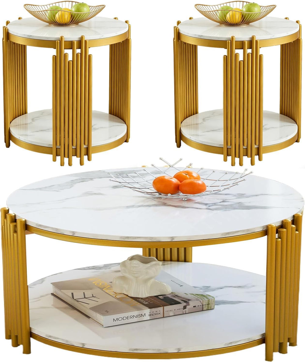 3 Piece Living Room Table Set, Faux Marble Round Coffee Table and End Tables,...