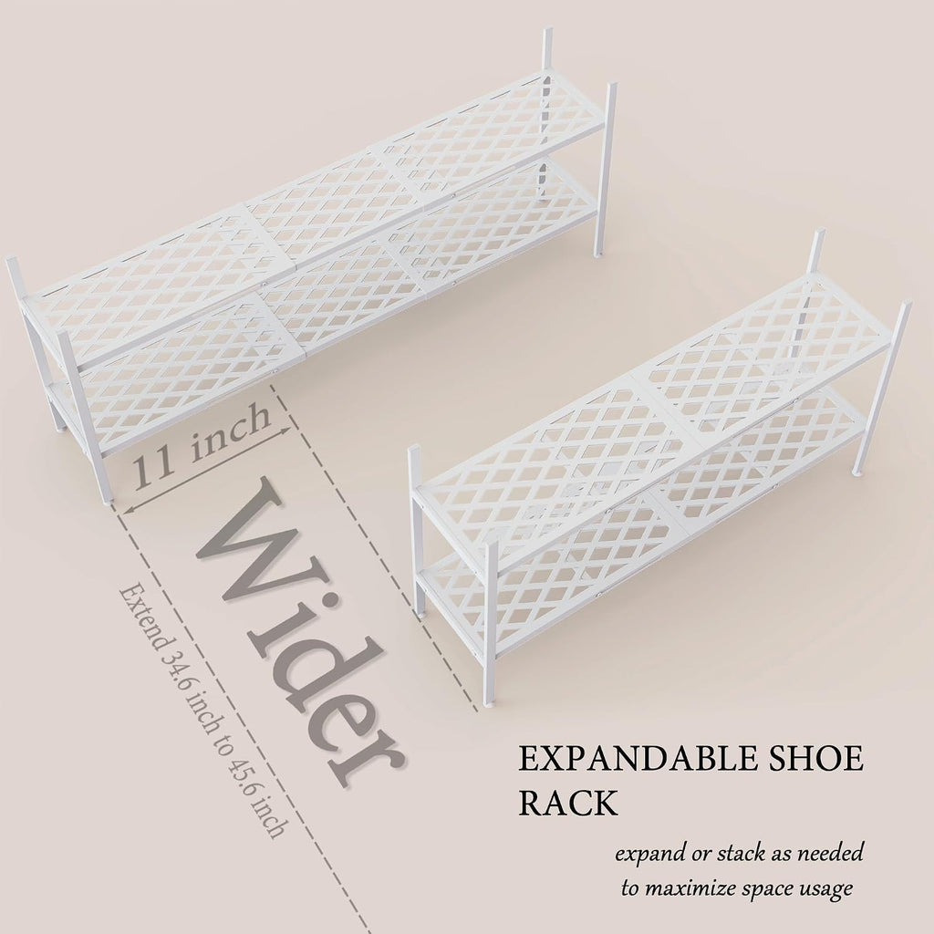 Shoe Rack, 45.6" Expandable Shoe Storage Organizer for Closet - Stackable | 2-Tier Metal Long Shoe Shelf with Sturdy Wire Grid Shoe Stand Holder for Entryway, Garage, Bedroom, Door Entrance, White