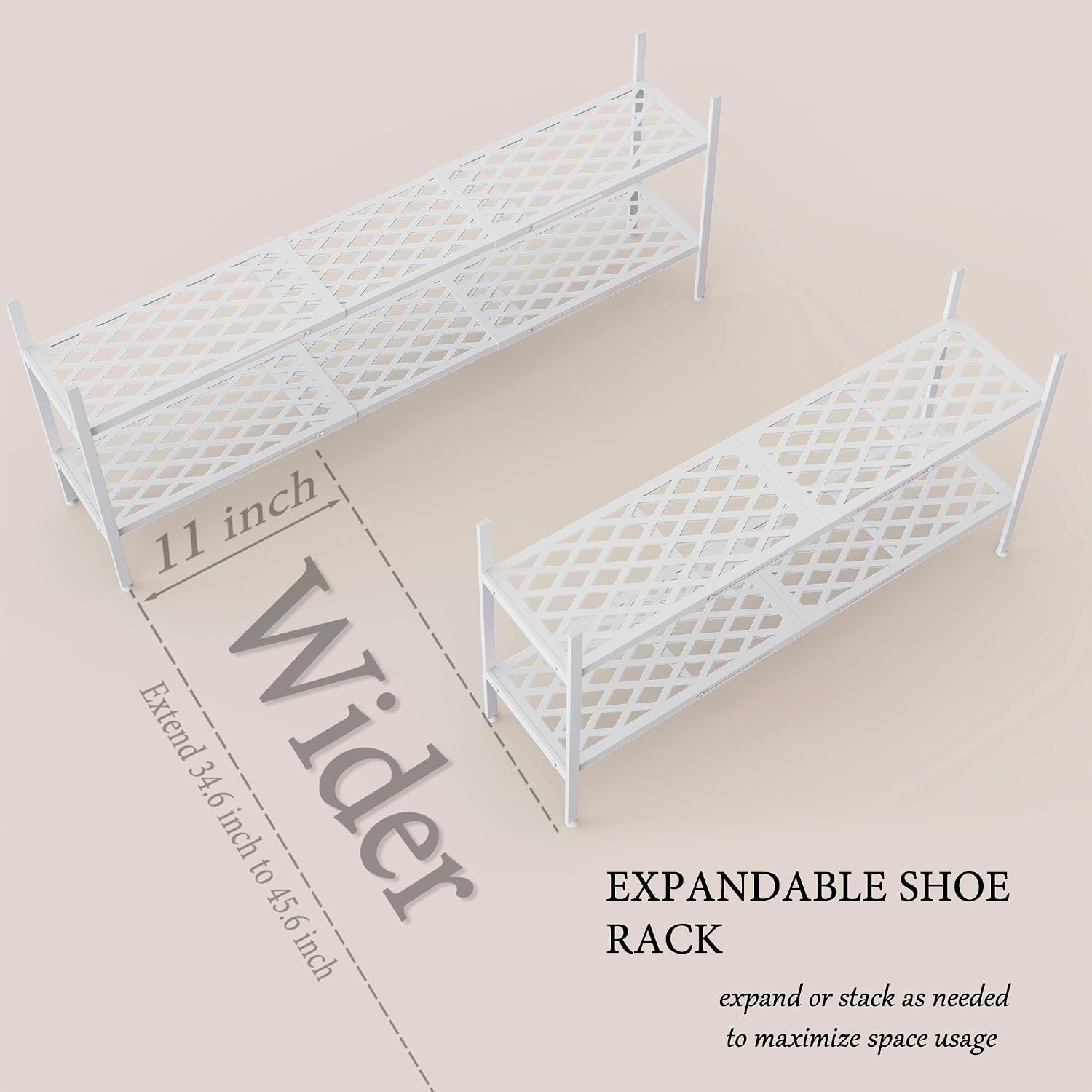Shoe Rack, 45.6" Expandable Shoe Storage Organizer for Closet - Stackable | 2-Tier Metal Long Shoe Shelf with Sturdy Wire Grid Shoe Stand Holder for Entryway, Garage, Bedroom, Door Entrance, White