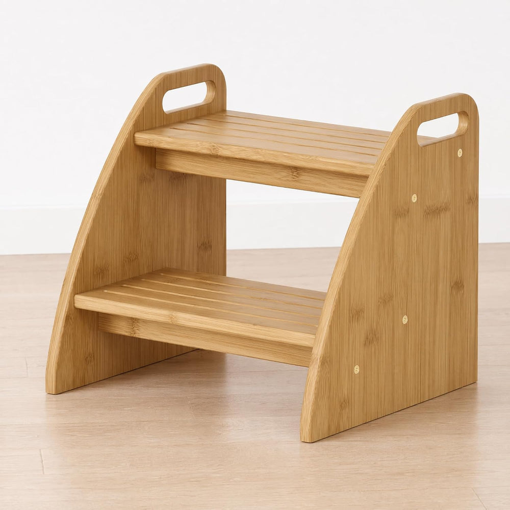 Bamboo 2 Step Stool 300lbs Capacity, Wooden Two Step Stool with Non-Slip Hand...