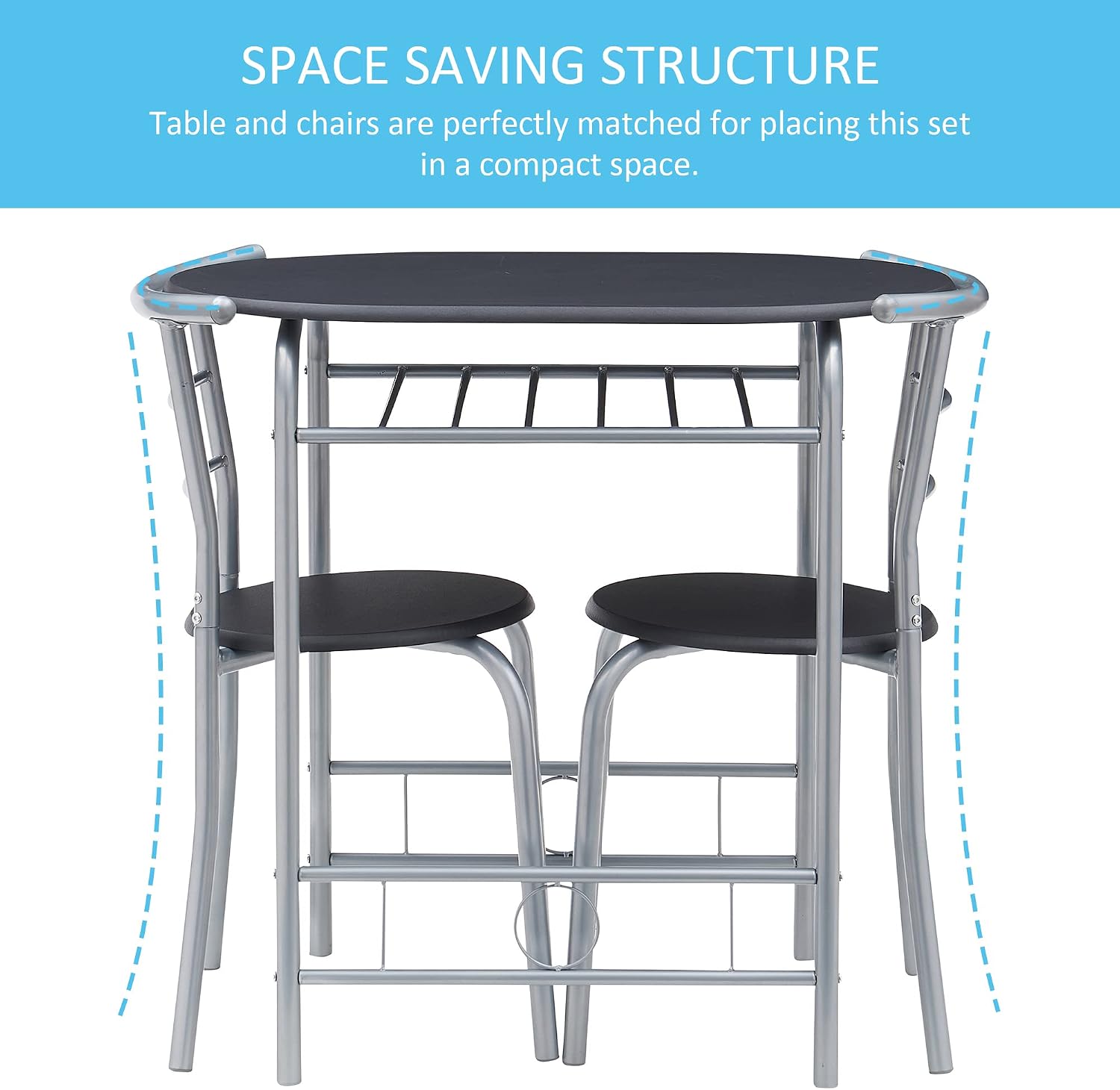 VECELO 3 Piece Wood Round Table & Chair Set for Dining Room Kitchen Bar Breakfast, with Wine Storage Rack, Space Saving, Black