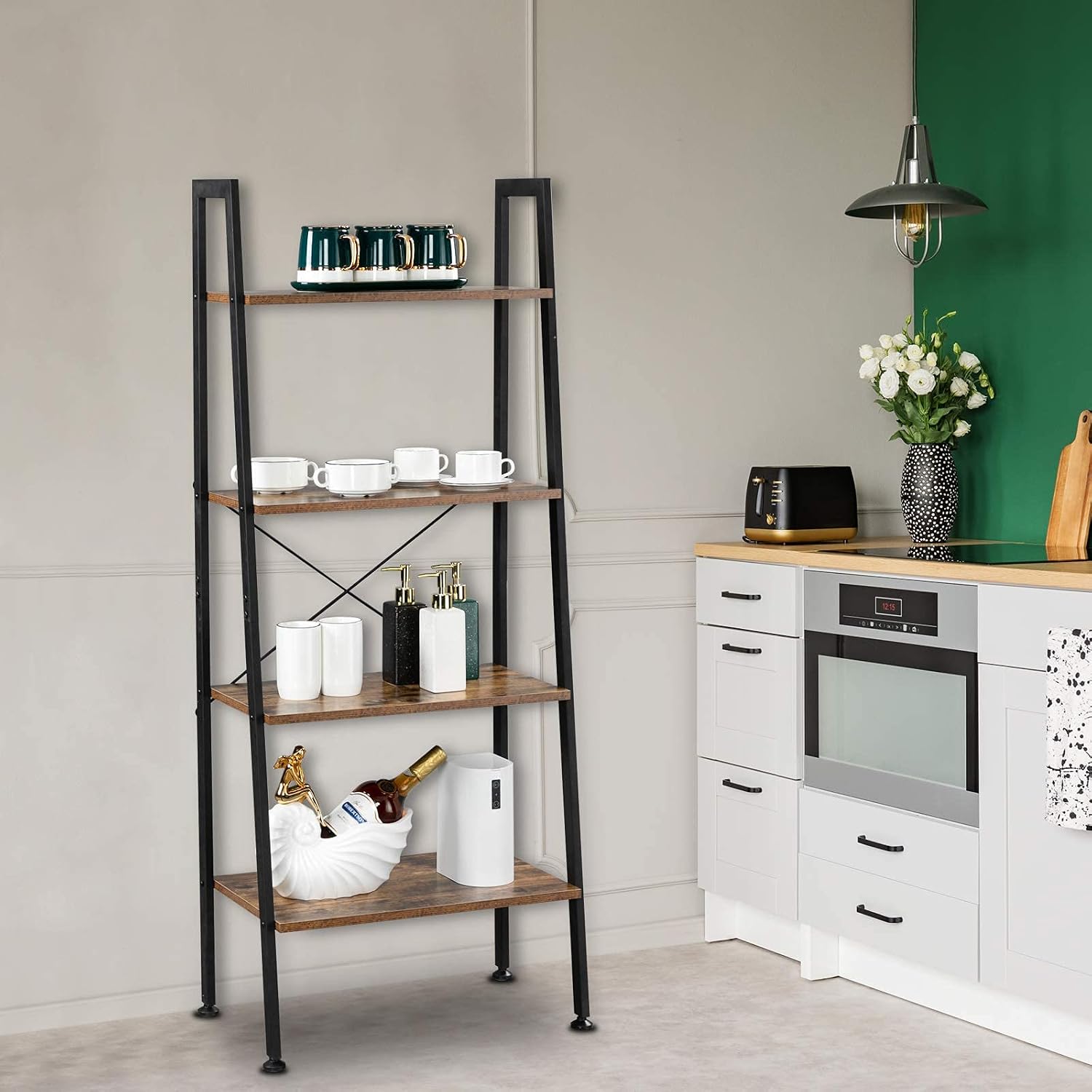 VINGLI Ladder Shelf 4-Tier Industrial Bookcase Free Standing Ladder Bookshelf with Metal Frame and Rustic Wood Plant Storage Shelf for Office, Living Room, Kitchen, Bedroom, Bathroom