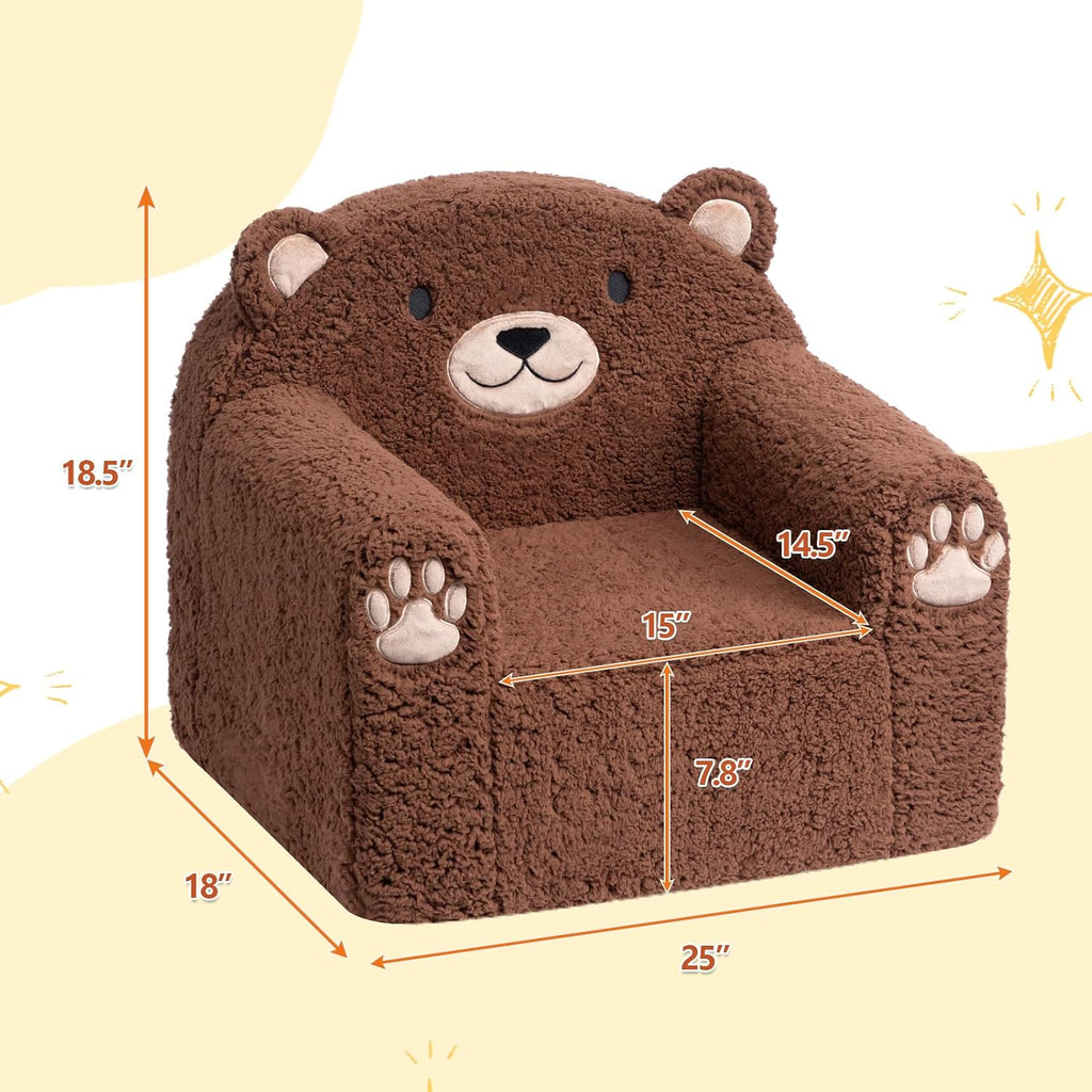 Sherpa Kids Armchair, Kids Sofa, Toddler Animal Brown Bear Reading Chair | Machine washable removable cover, lightweight foam lounge chair for toddlers ages 1–6, no assembly required