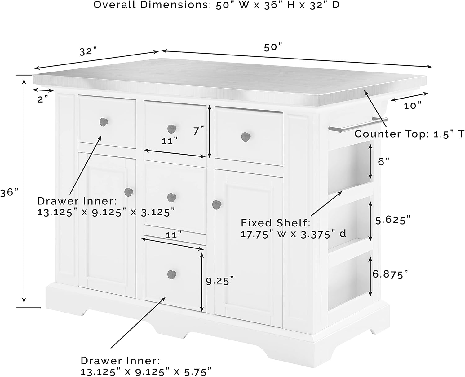 Crosley Furniture Julia Wood Top Kitchen Island with Storage Drawers, Shelves, and Spice Rack, White