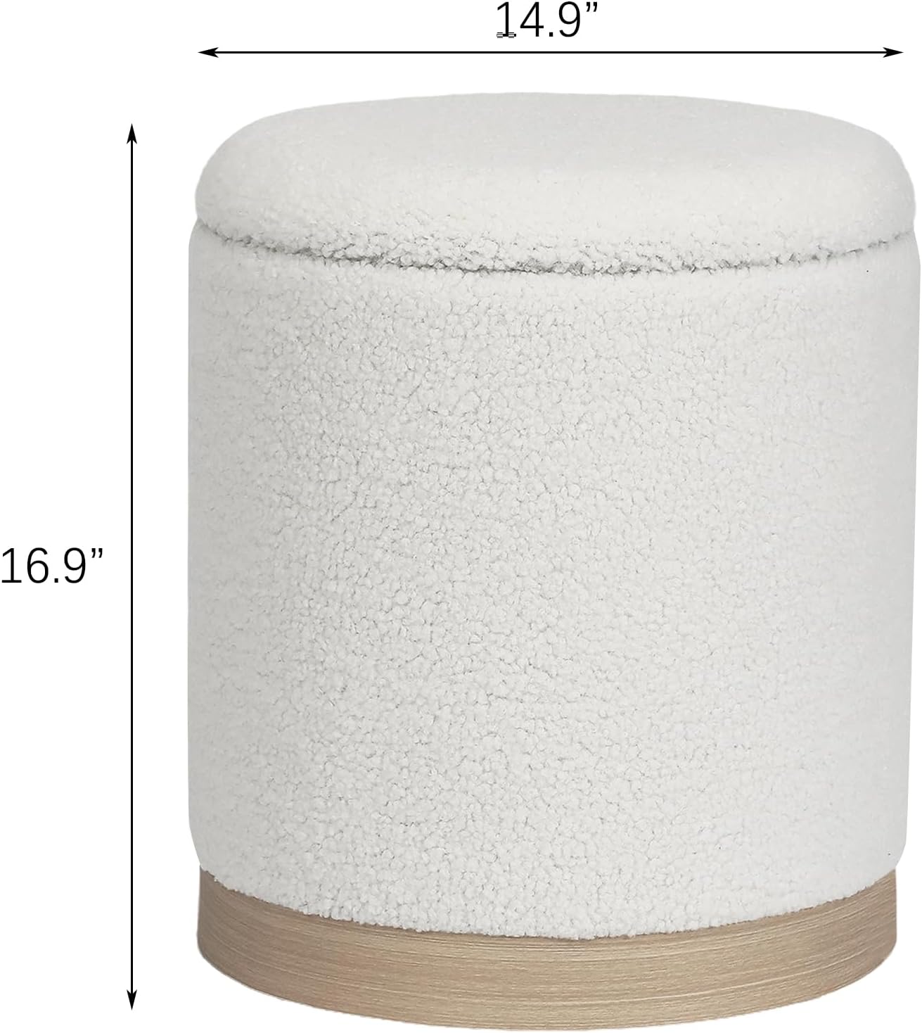 Round Storage Ottoman for Living Room, Small Velvet Vanity Stool with Light-Wood Base, White