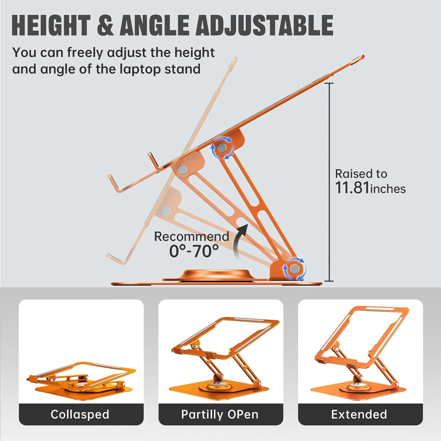 Laptop Stand for Desk, Adjustable Computer Stand with 360° Rotating Base, Ergonomic Laptop Riser for Collaborative Work, Foldable & Portable Laptop Stand, fits for All 10-16" Laptops (Orange)